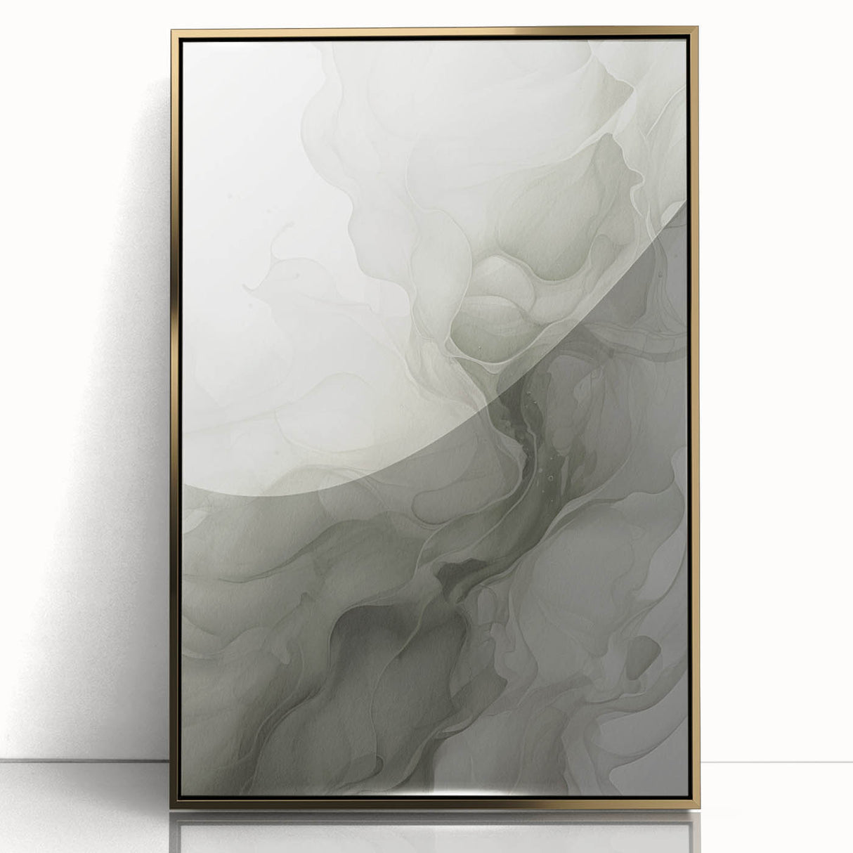 Framed acrylic wall art showcasing an abstract modern design with gold accents, ideal for contemporary home decor, displayed in a stylish living room setting.