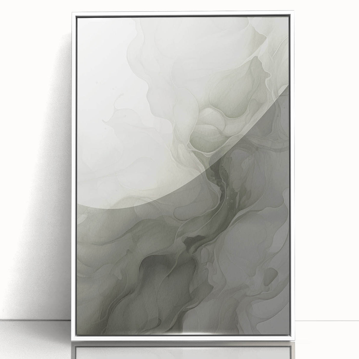 Framed abstract modern wall art featuring vibrant colors and geometric shapes, displayed in a sleek white frame, perfect for contemporary home decor.