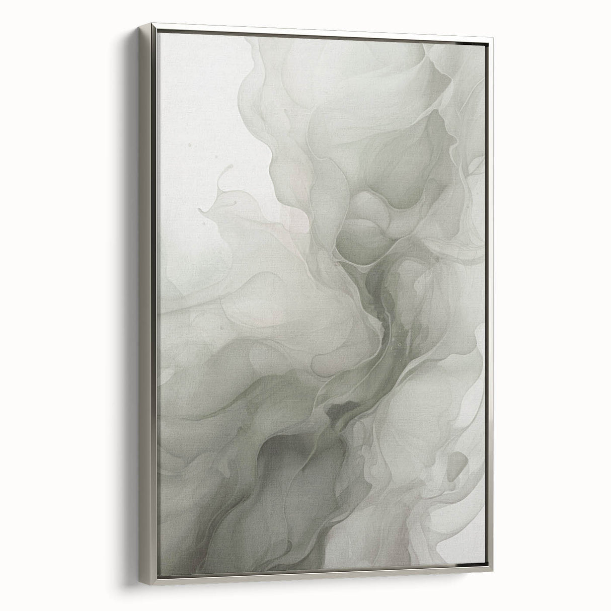 Framed canvas wall art showcasing an abstract modern design with a silver frame, perfect for contemporary decor, displayed from a side view against a neutral background.