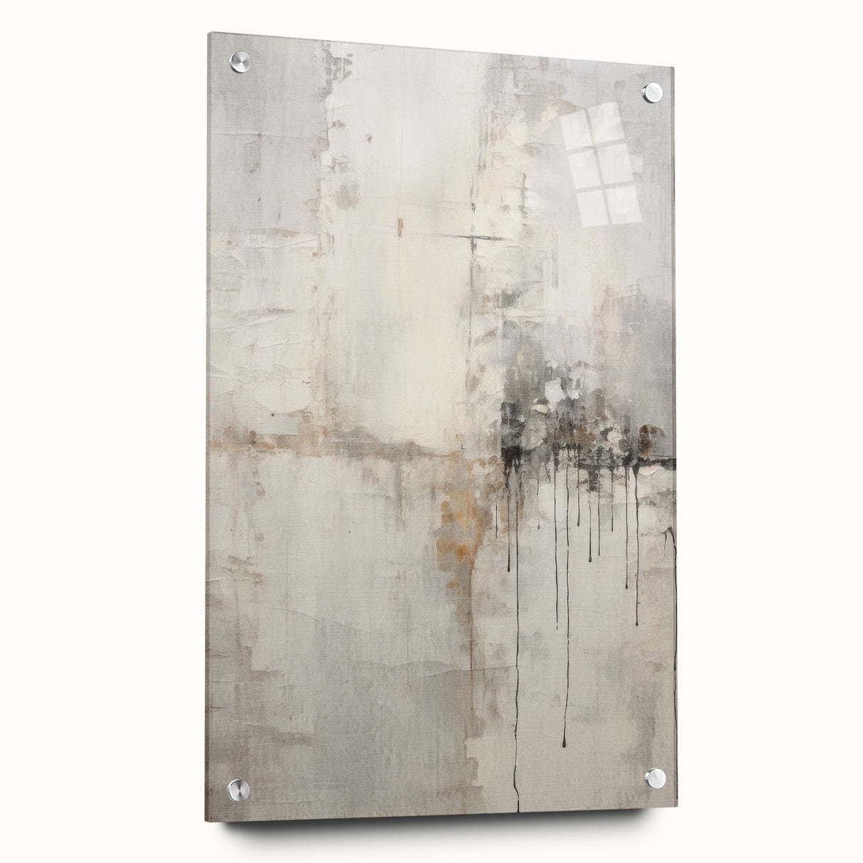 Abstract modern wall art collection displayed in a side view, showcasing vibrant colors and geometric patterns on acrylic glass with decorative pins, perfect for contemporary decor.