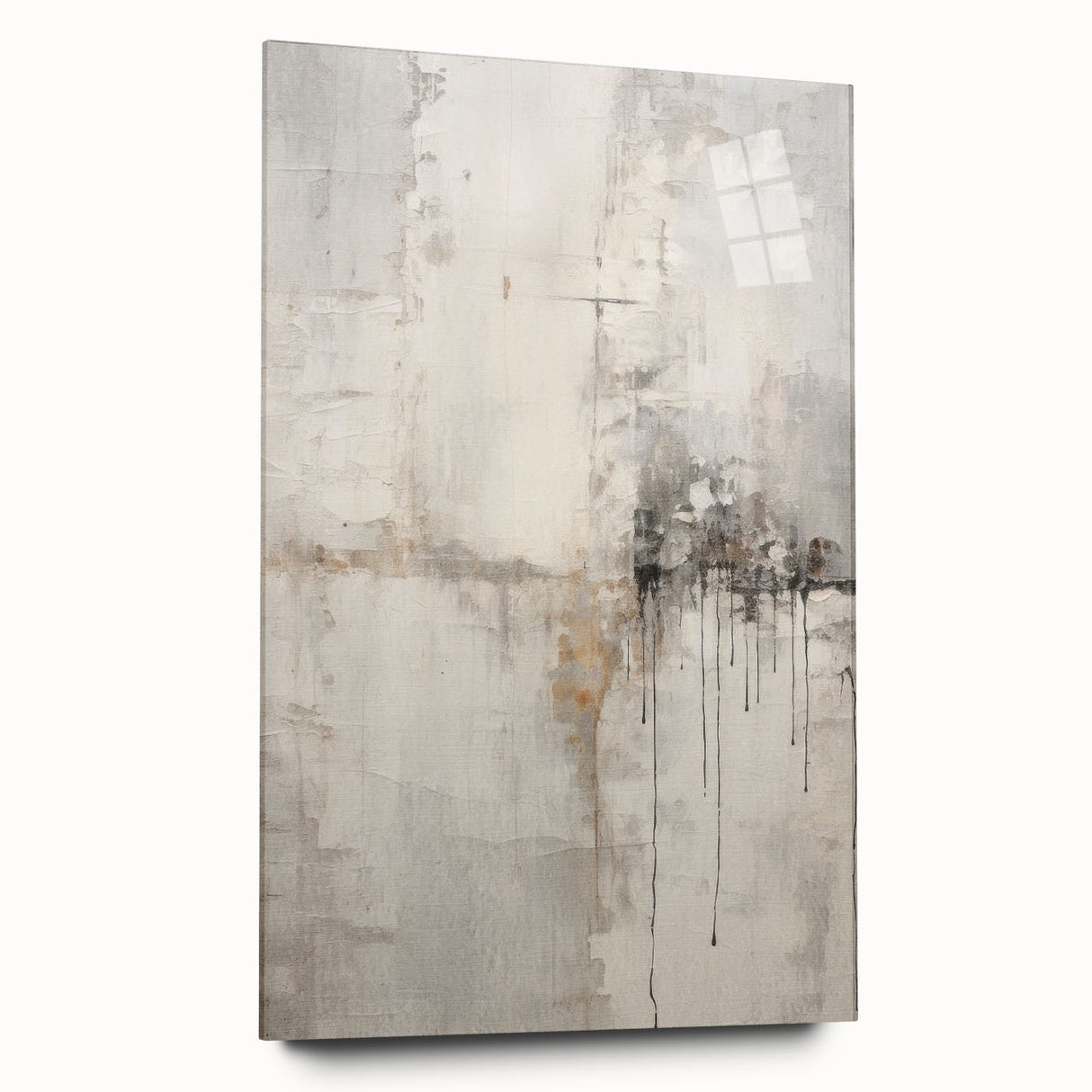 Acrylic glass wall art featuring an abstract modern design in vibrant colors, displayed from a side view, showcasing its sleek edges and stylish aesthetics.