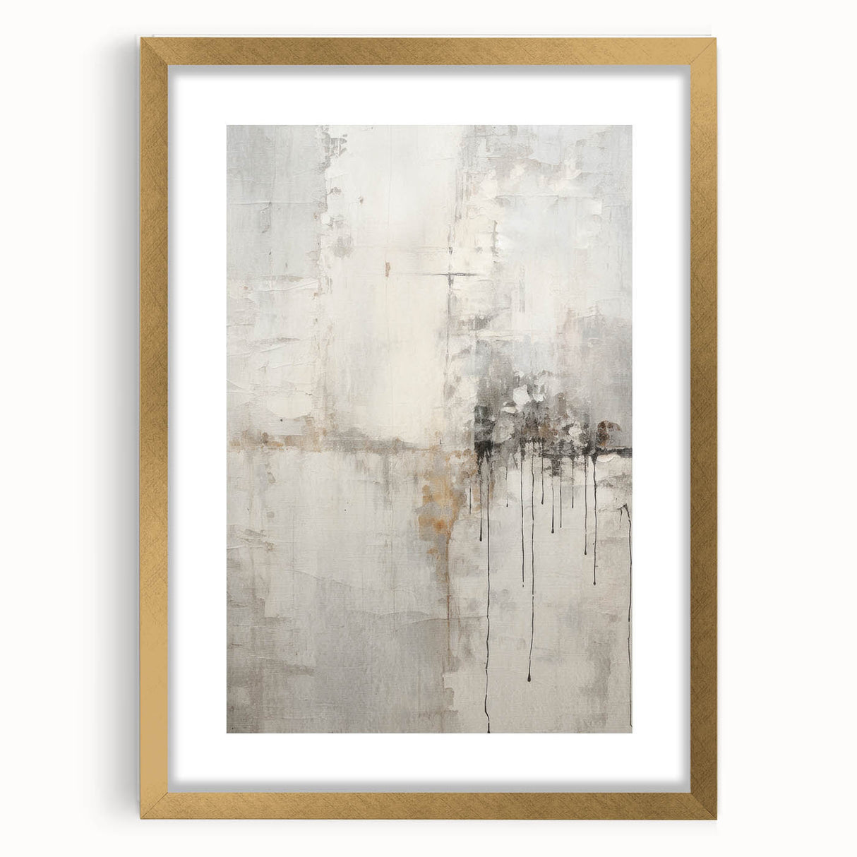 Abstract modern framed wall art featuring a gold mat and sleek design, ideal for contemporary decor. Showcases a unique blend of colors and patterns, enhancing any living space.