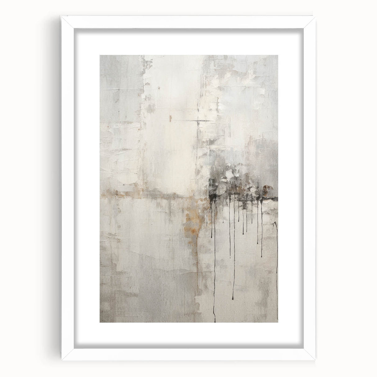 Abstract modern wall art collection featuring a framed piece with a white mat, showcasing geometric shapes and soft colors, perfect for contemporary decor.