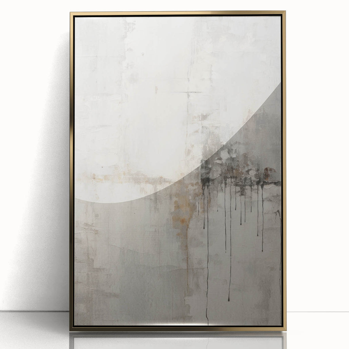 Framed abstract modern wall art with a gold acrylic finish, showcasing geometric designs, perfect for contemporary home decor. Ideal for minimalist interiors.