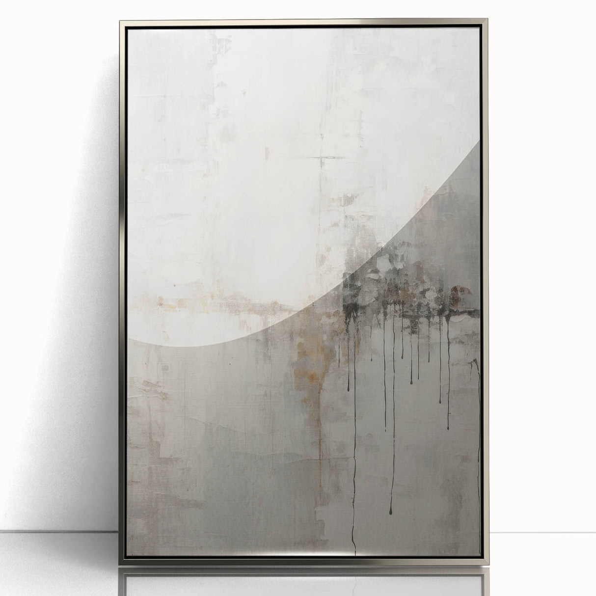 Framed abstract modern wall art design showcasing a silver color scheme and sleek acrylic finish, ideal for contemporary home decor.