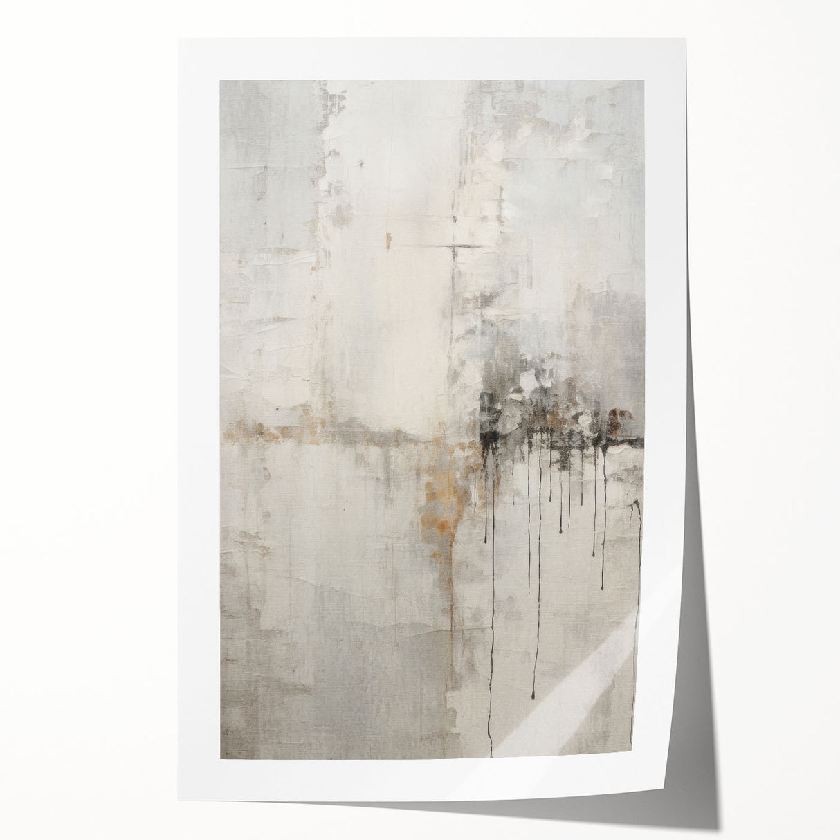 Abstract modern wall art print showcasing vibrant colors and geometric patterns, rolled and packaged in a protective cardboard tube for easy shipping. Perfect for contemporary home decor.