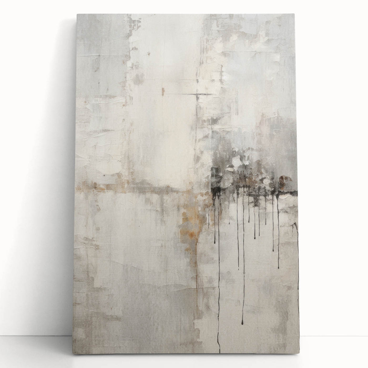 Abstract modern wall art featuring a vibrant color palette of blue, orange, and gold, showcased on a stretched canvas, leaning against a neutral wall, perfect for contemporary decor.