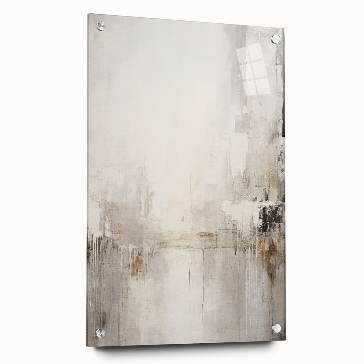 Abstract modern wall art collection featuring a side view of acrylic glass artwork displaying vibrant colors and intricate designs, mounted with decorative pins.