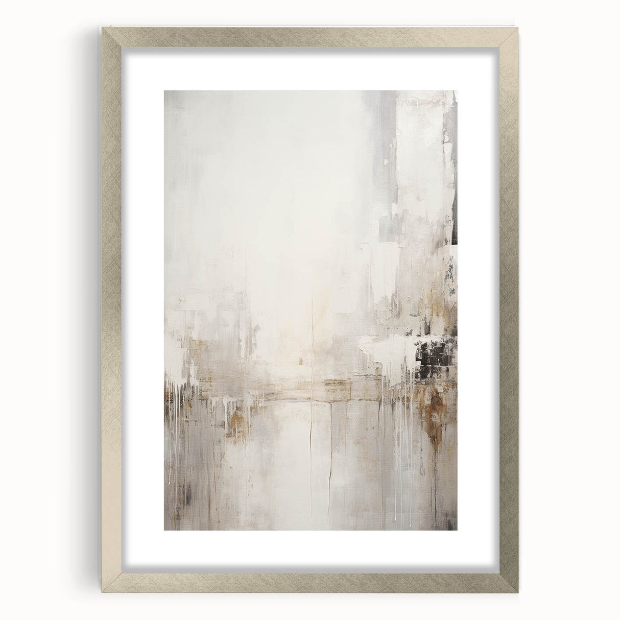 Abstract modern wall art collection featuring a silver-framed piece with a mat, showcasing vibrant colors and geometric patterns, perfect for contemporary decor.