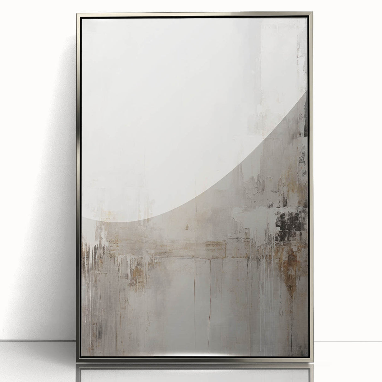 Framed acrylic wall art featuring an abstract modern design in silver tones, showcasing geometric shapes and a sleek aesthetic. Ideal for contemporary home decor.