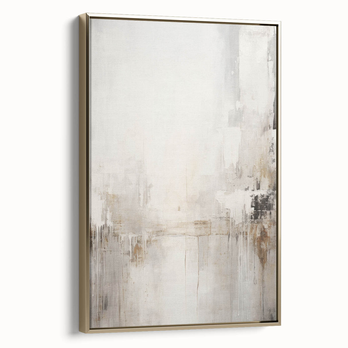 Framed canvas wall art showcasing a modern abstract design with gold accents, viewed from the side, highlighting its elegant contours and contemporary style.