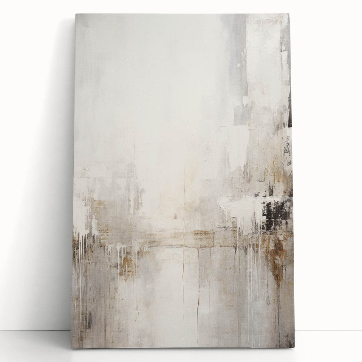Abstract modern wall art collection featuring a vibrant, colorful design on stretched canvas, elegantly leaning against a wall in a contemporary setting. Ideal for modern home decor.