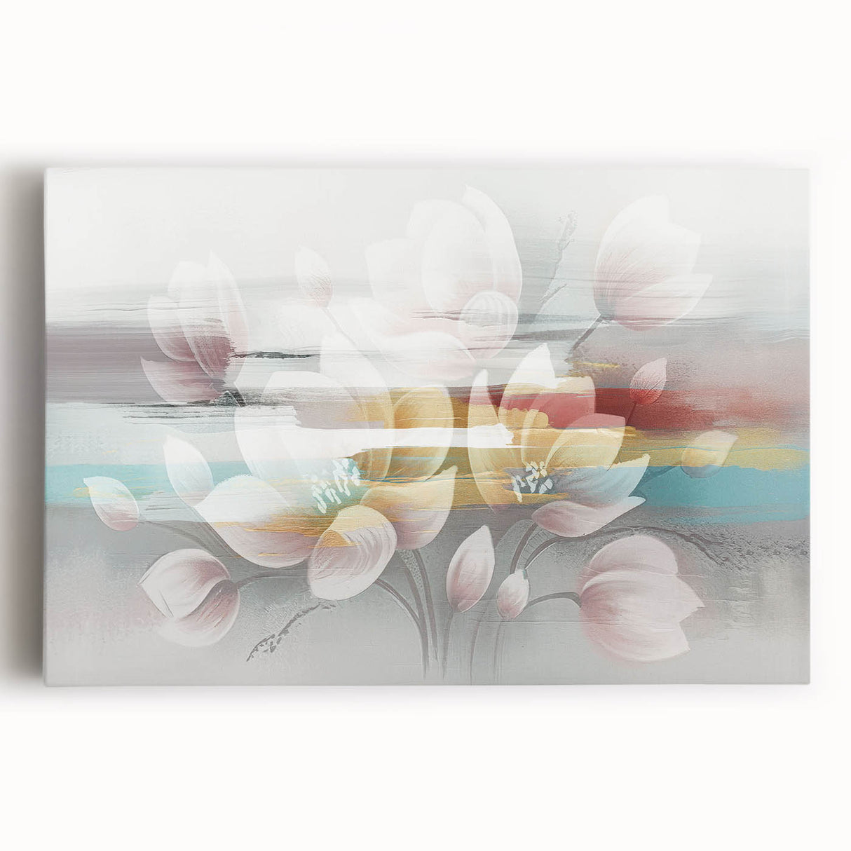 Abstract wall art design featuring vibrant strokes and lines in shades of blue, yellow, and pink, printed on stretched canvas for modern decor.