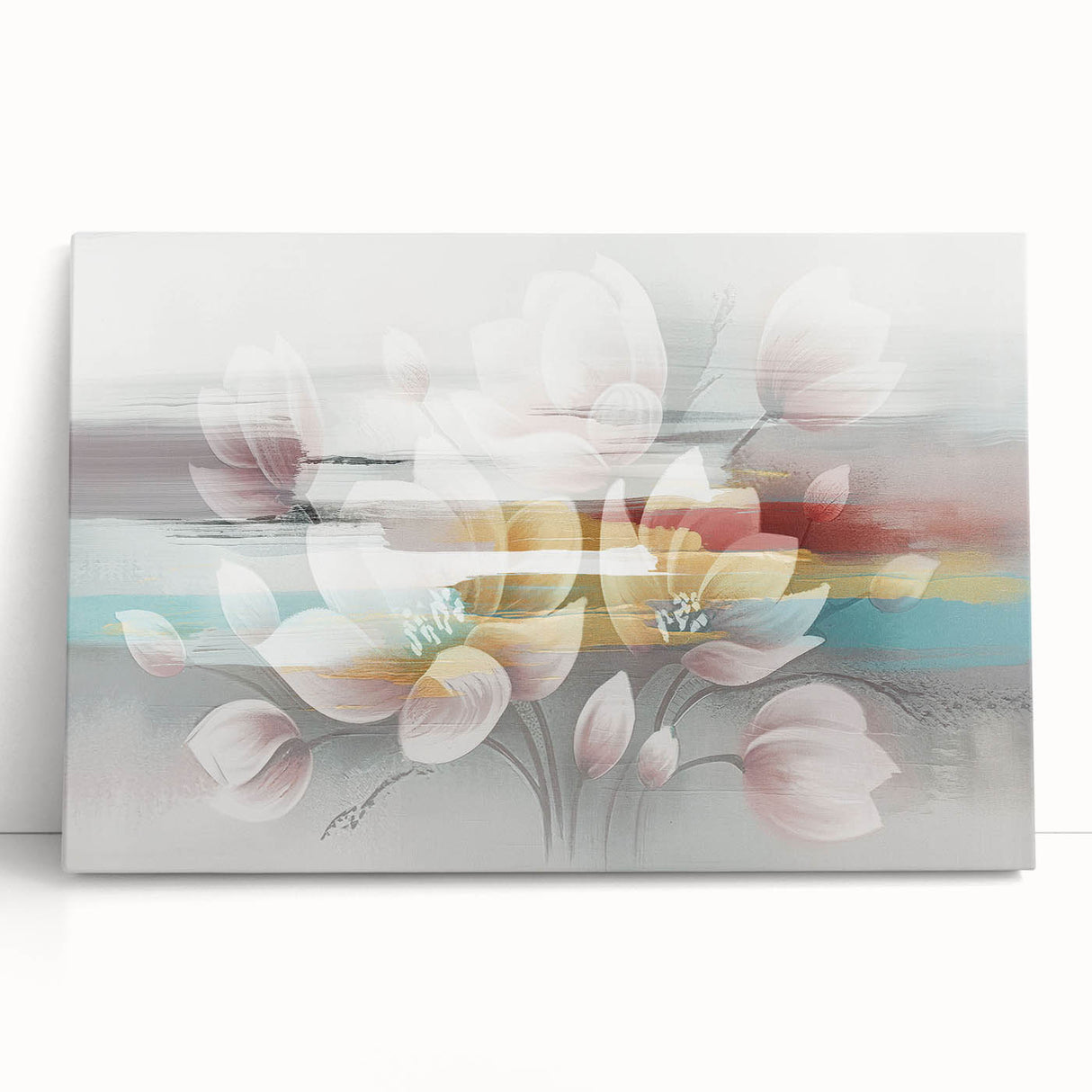 Abstract wall art featuring colorful strokes and lines on stretched canvas, showcasing vibrant hues and a modern design aesthetic, perfect for home decor.