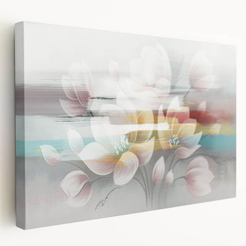 Abstract strokes and lines design wall art on stretched canvas, showcasing vibrant hues of blue, orange, and yellow in a modern artistic style.