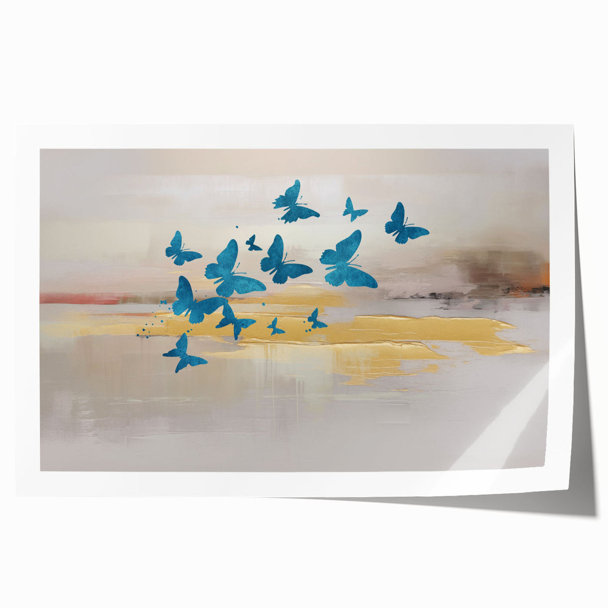 Abstract wall art print showcasing vibrant strokes and lines in a mix of blue, yellow, and red colors, perfect for modern home decor.