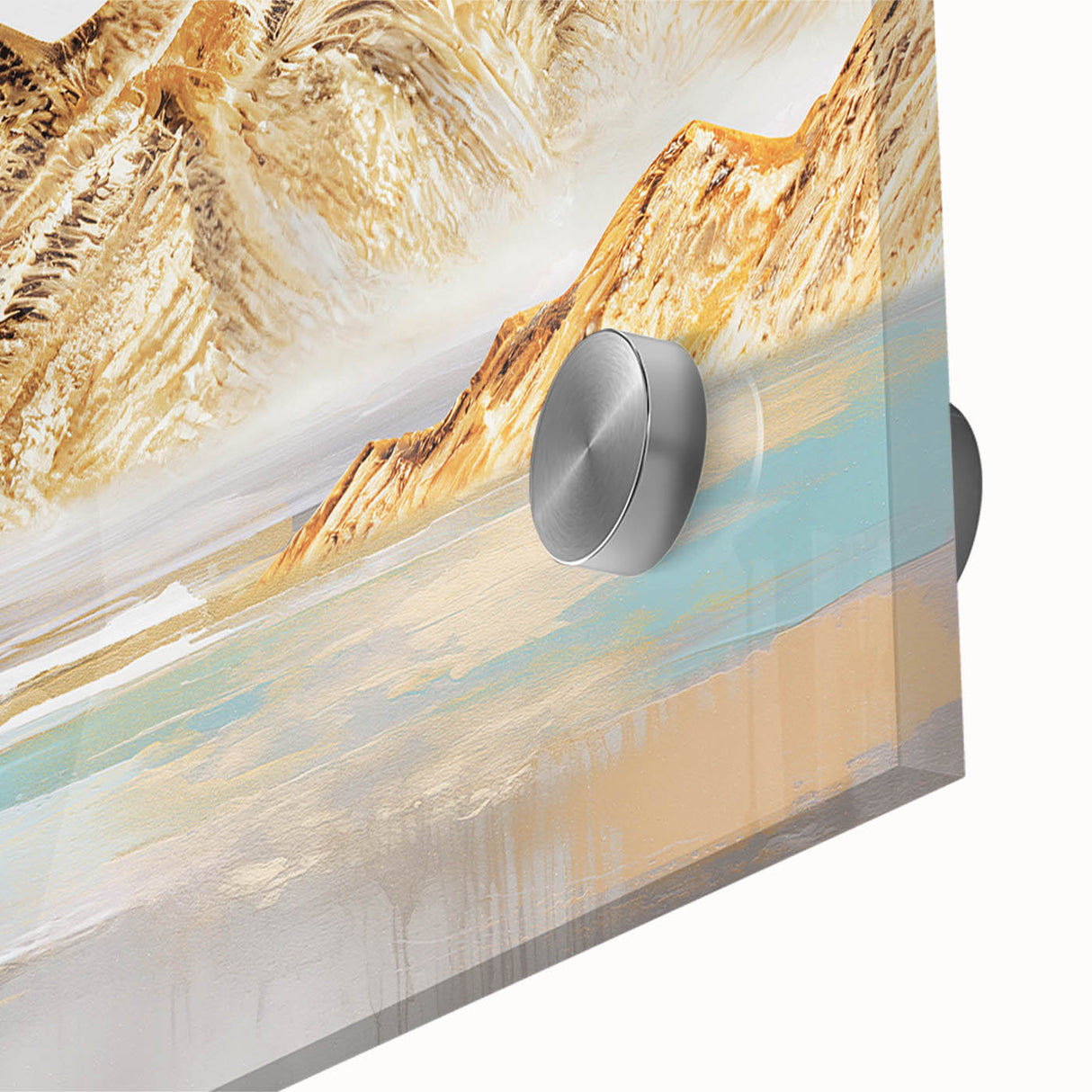 Colorful abstract wall art featuring dynamic strokes and lines, showcasing vibrant hues of blue, orange, and yellow on acrylic glass for modern decor.