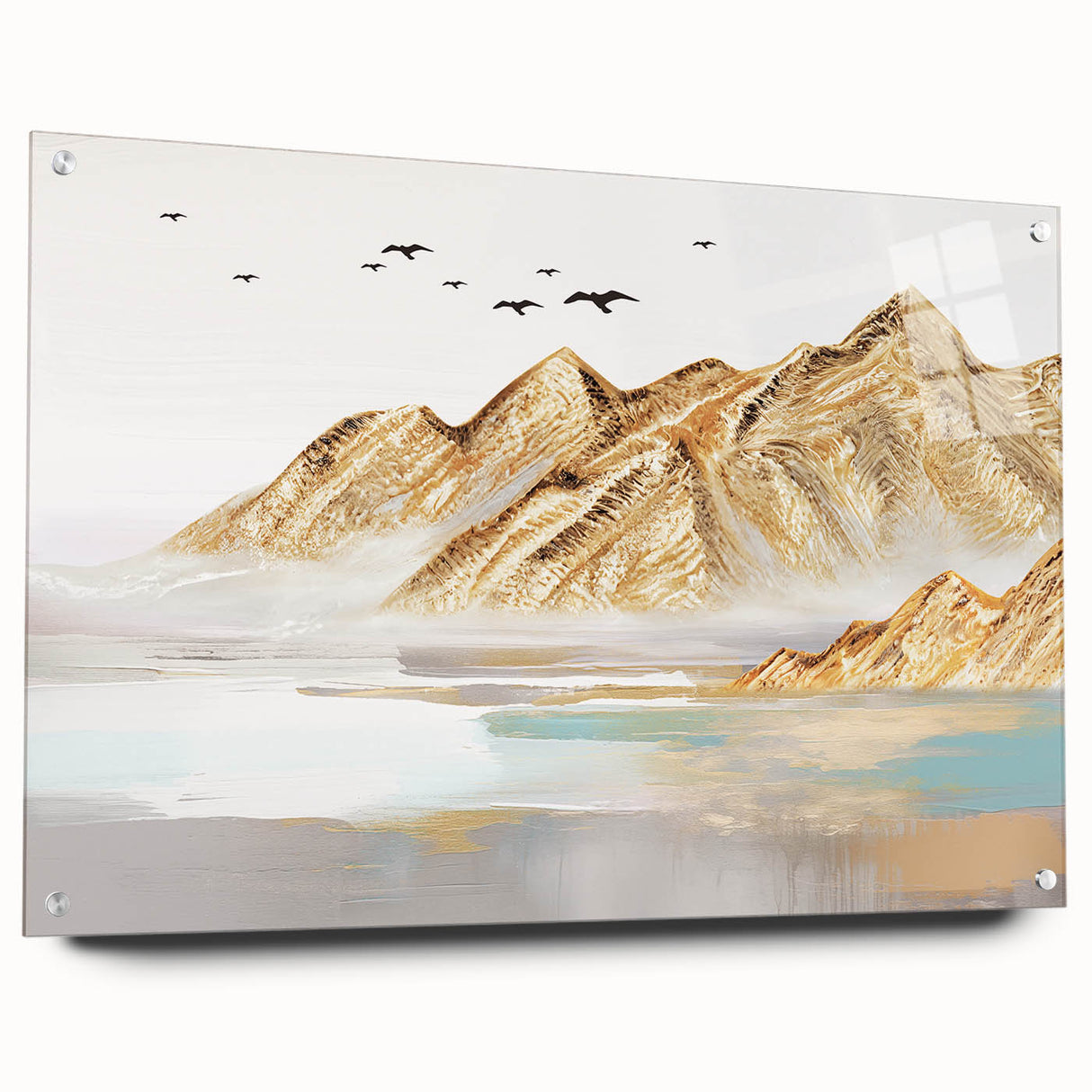 Acrylic wall art featuring an abstract design of colorful strokes and lines, displayed in a modern setting with decorative pins.