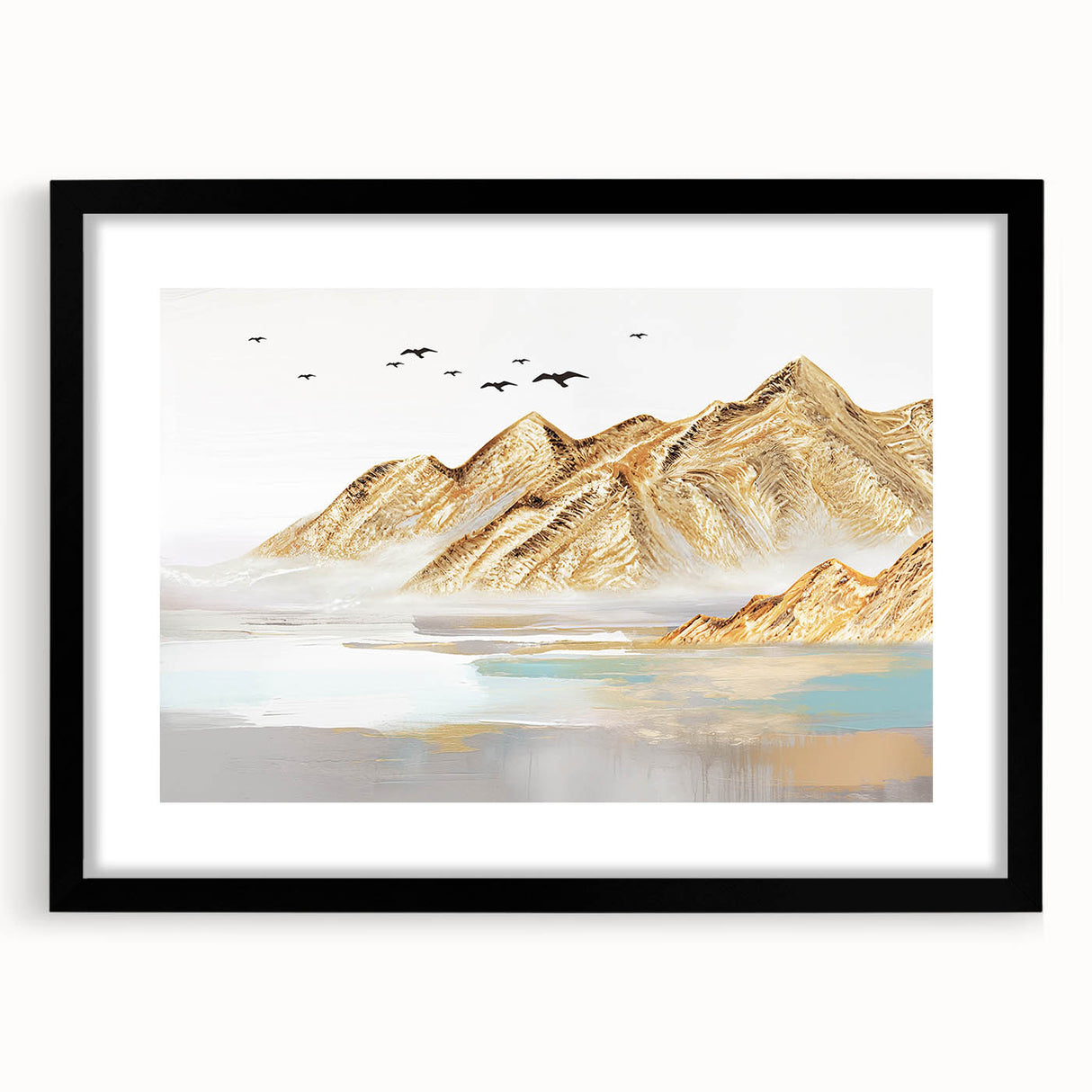 Abstract wall art print showcasing a modern design of colorful strokes and lines, elegantly framed with a black mat for stylish home decor.