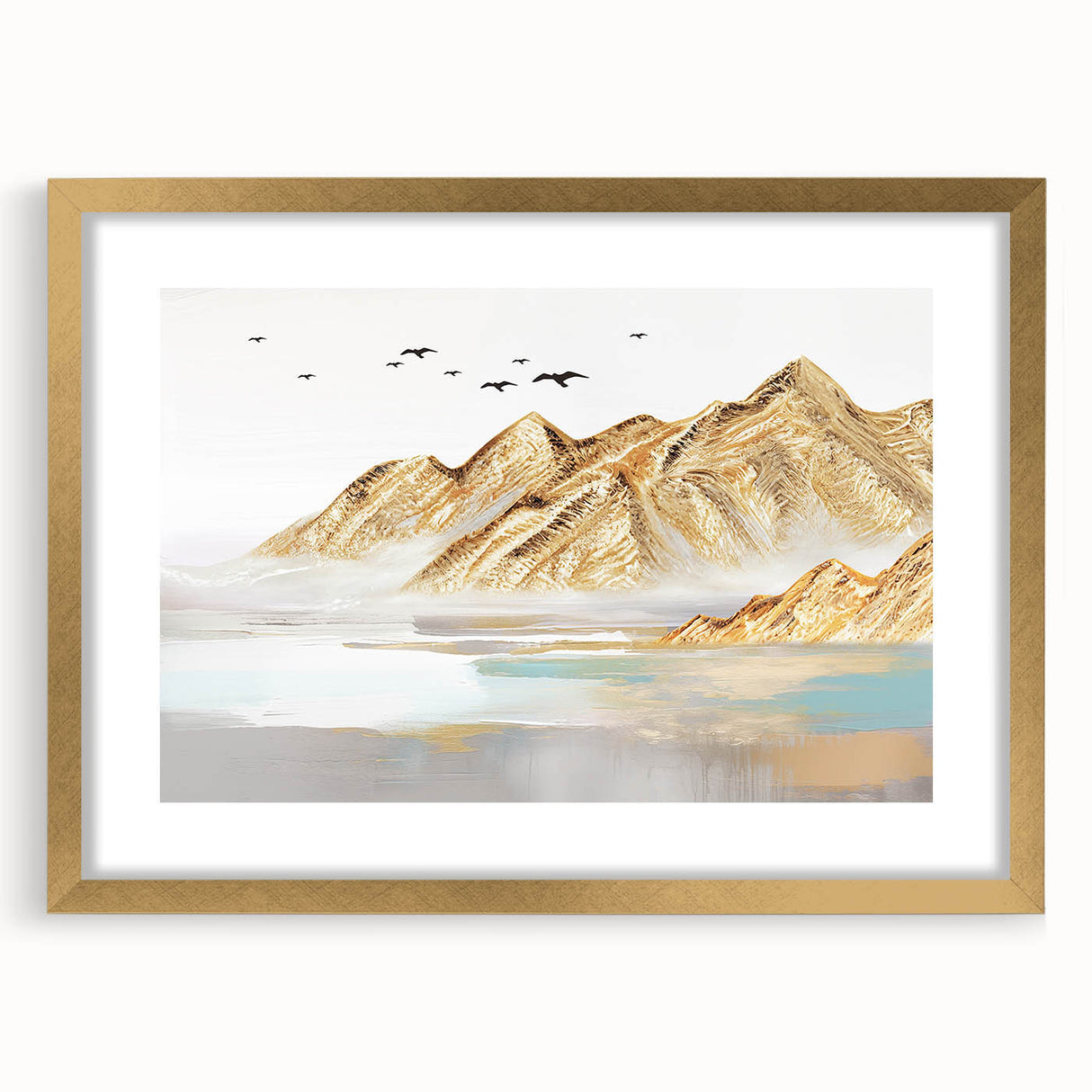 Abstract strokes and lines design wall art piece in a gold frame with a mat, showcasing vibrant colors and modern aesthetic for decor.