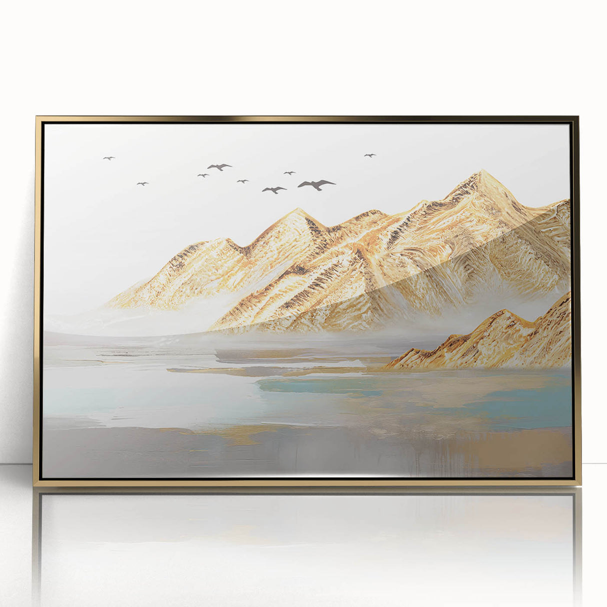 Framed abstract wall art featuring strokes and lines in gold and black, showcasing a modern design that enhances contemporary decor.