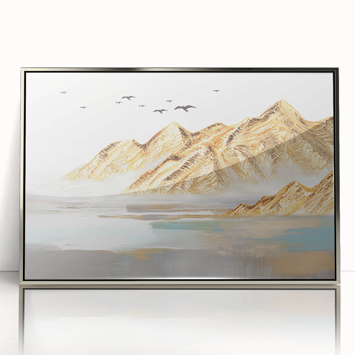 Framed abstract wall art showcasing silver strokes and lines on a white background, adding a modern touch to contemporary decor.