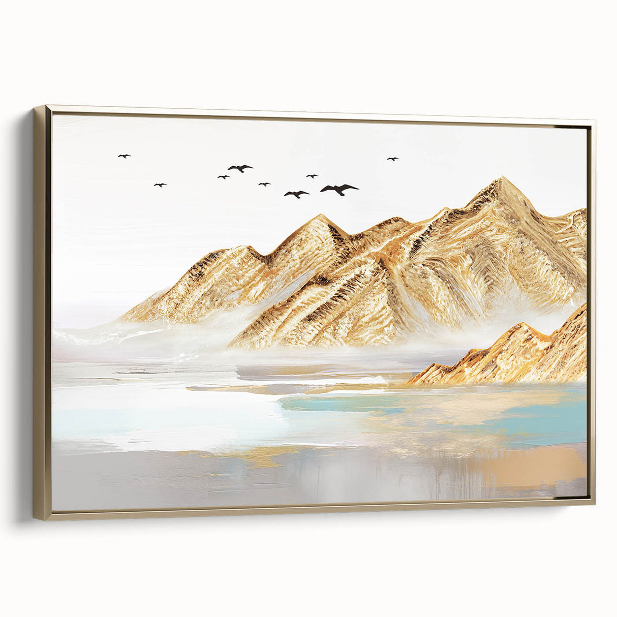 Framed canvas wall art displaying an abstract design of gold strokes and lines, set against a neutral background, ideal for modern decor.