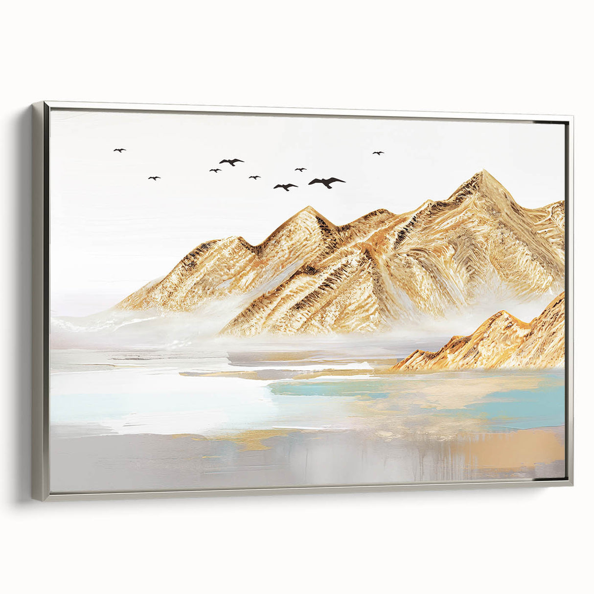 Framed abstract wall art featuring dynamic strokes and lines in silver tones, elegantly displayed with a sleek side view, perfect for modern decor.