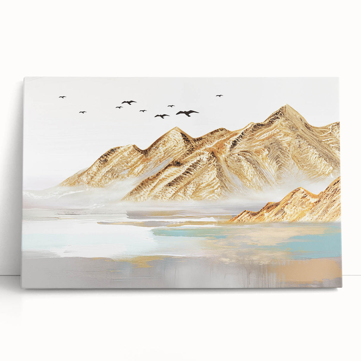 Abstract canvas wall art featuring vibrant strokes and lines in shades of blue, pink, and gold, perfect for modern home decor.