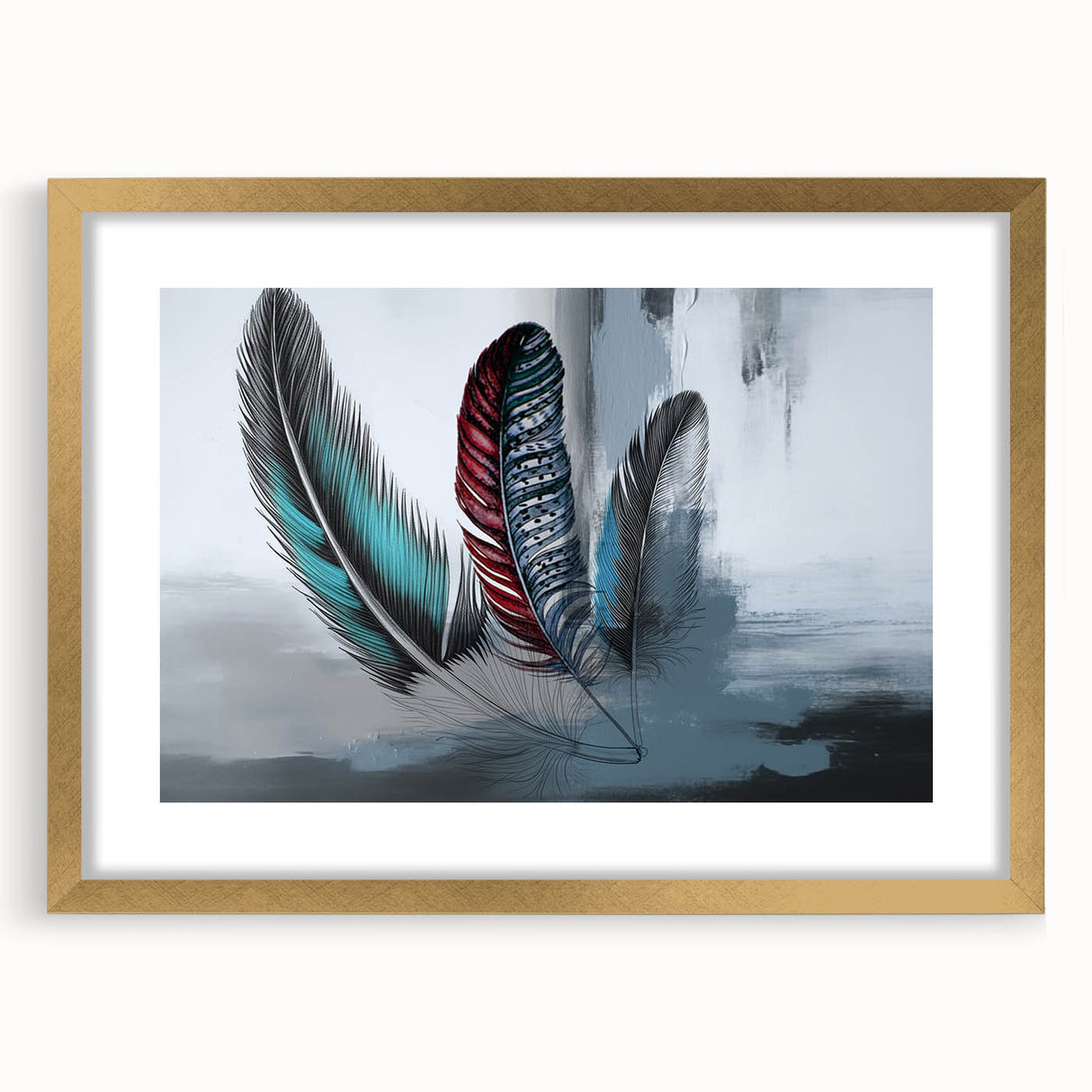 Abstract wall art featuring dynamic strokes and lines in gold and neutral tones, framed with a mat, enhancing modern decor aesthetics. Perfect for contemporary living spaces.