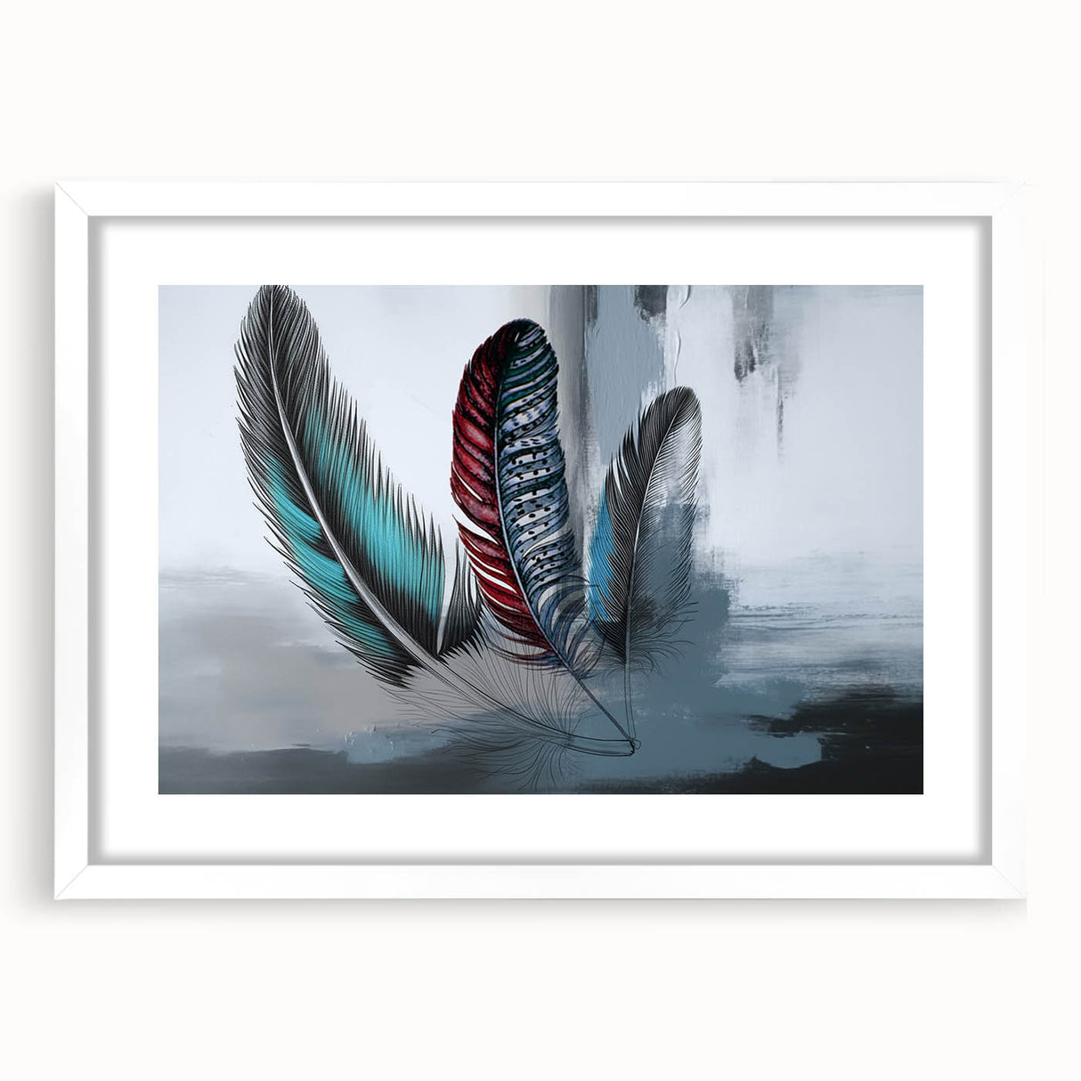 Abstract wall art featuring colorful strokes and lines in a modern design, framed in white with a mat, perfect for contemporary home decor.