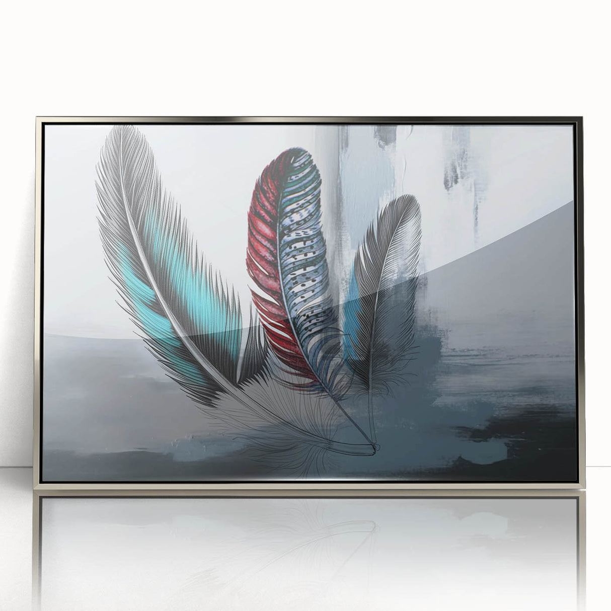 Framed wall art featuring an abstract design of strokes and lines in silver and gray tones, perfect for modern decor. Ideal for enhancing any living space or office environment.