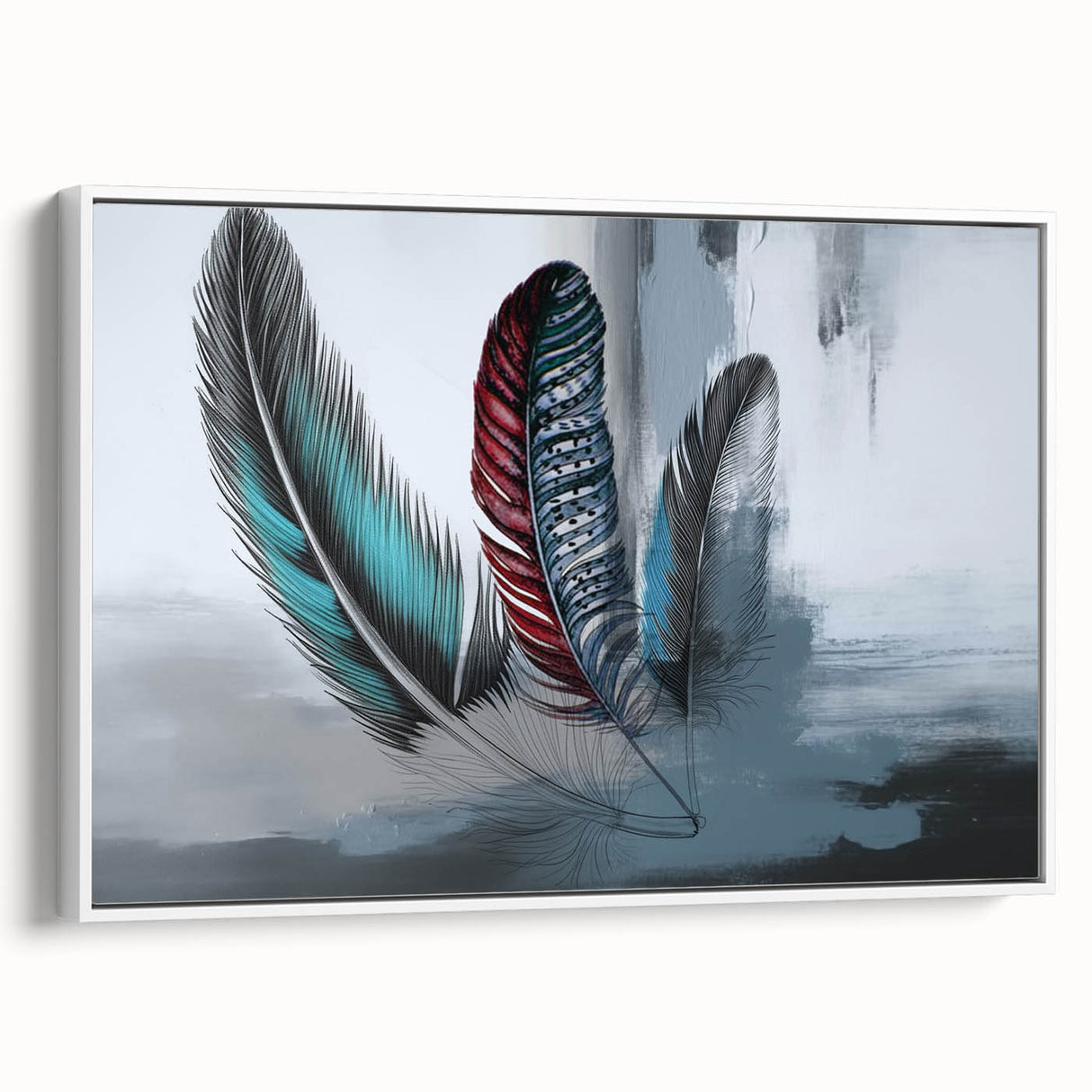 Framed canvas wall art showcasing an abstract design of colorful strokes and lines, set against a white background, perfect for modern home decor.