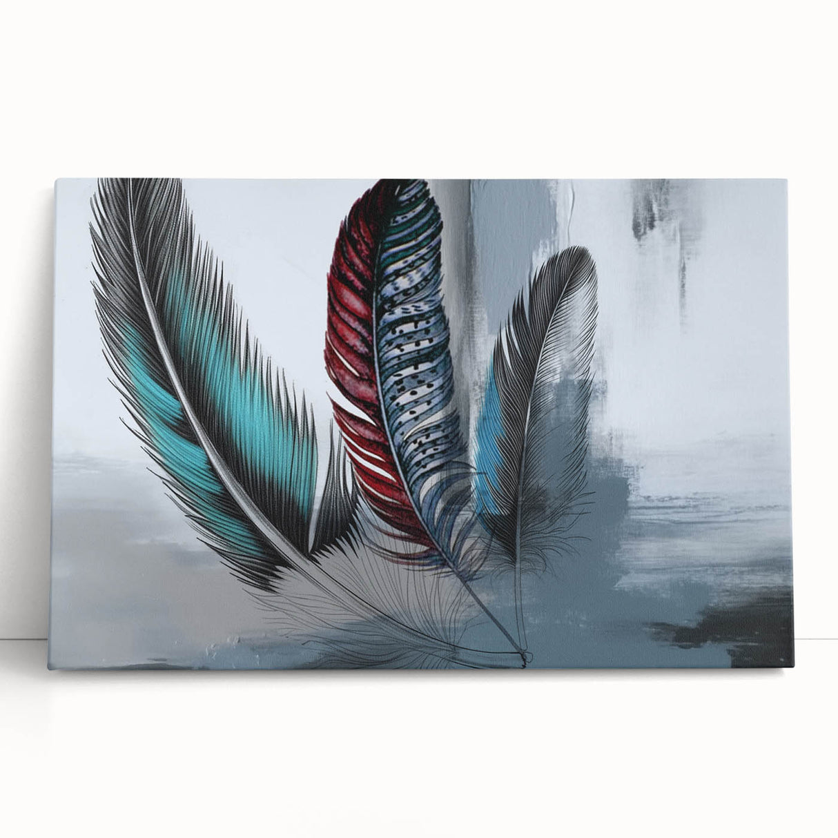 Abstract wall art canvas featuring bold strokes and lines in vibrant colors, elegantly leaning against a neutral backdrop, perfect for modern decor.