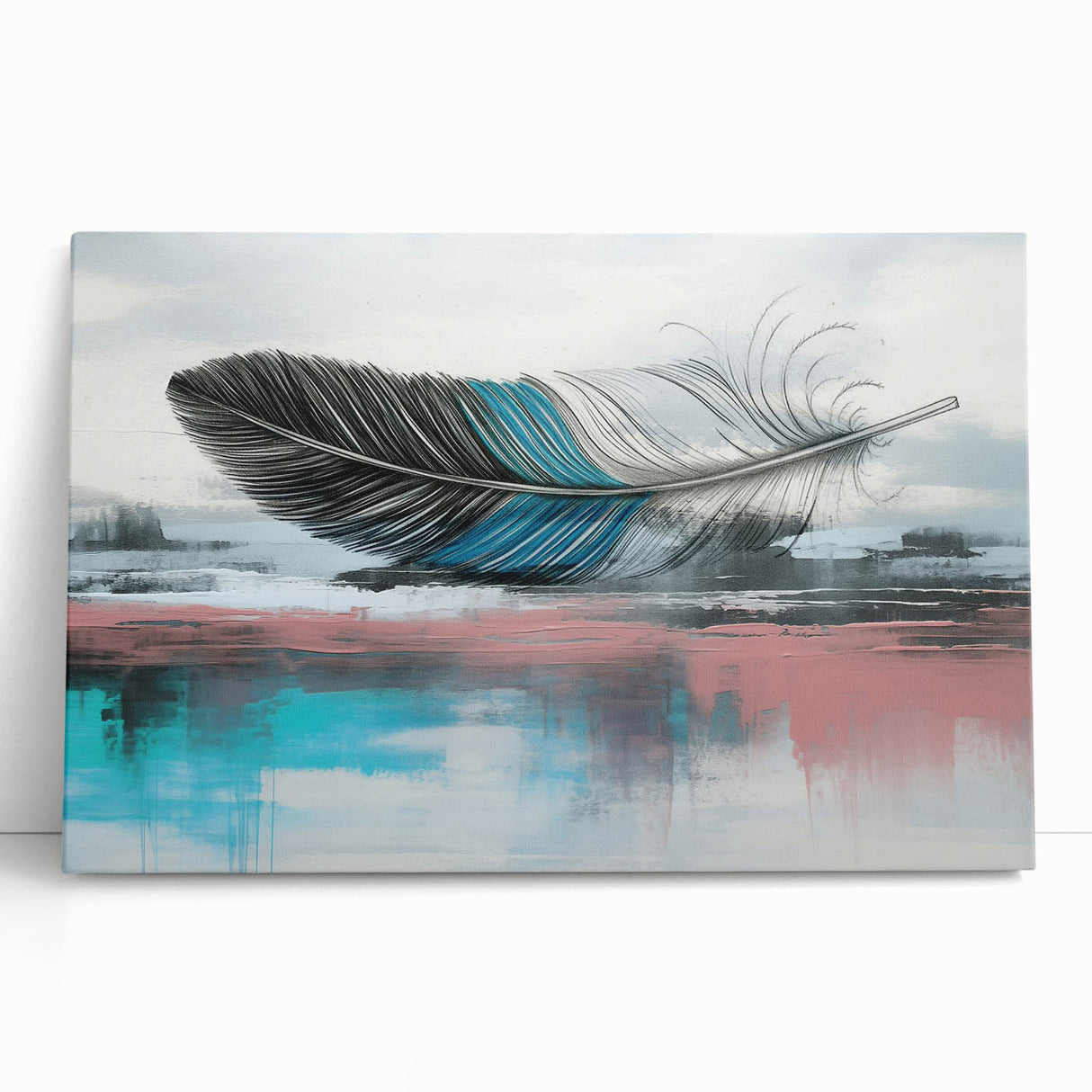 Abstract wall art featuring dynamic strokes and lines in vibrant hues of blue, orange, and yellow. The stretched canvas leans against a neutral backdrop, showcasing a modern design that enhances contemporary decor.