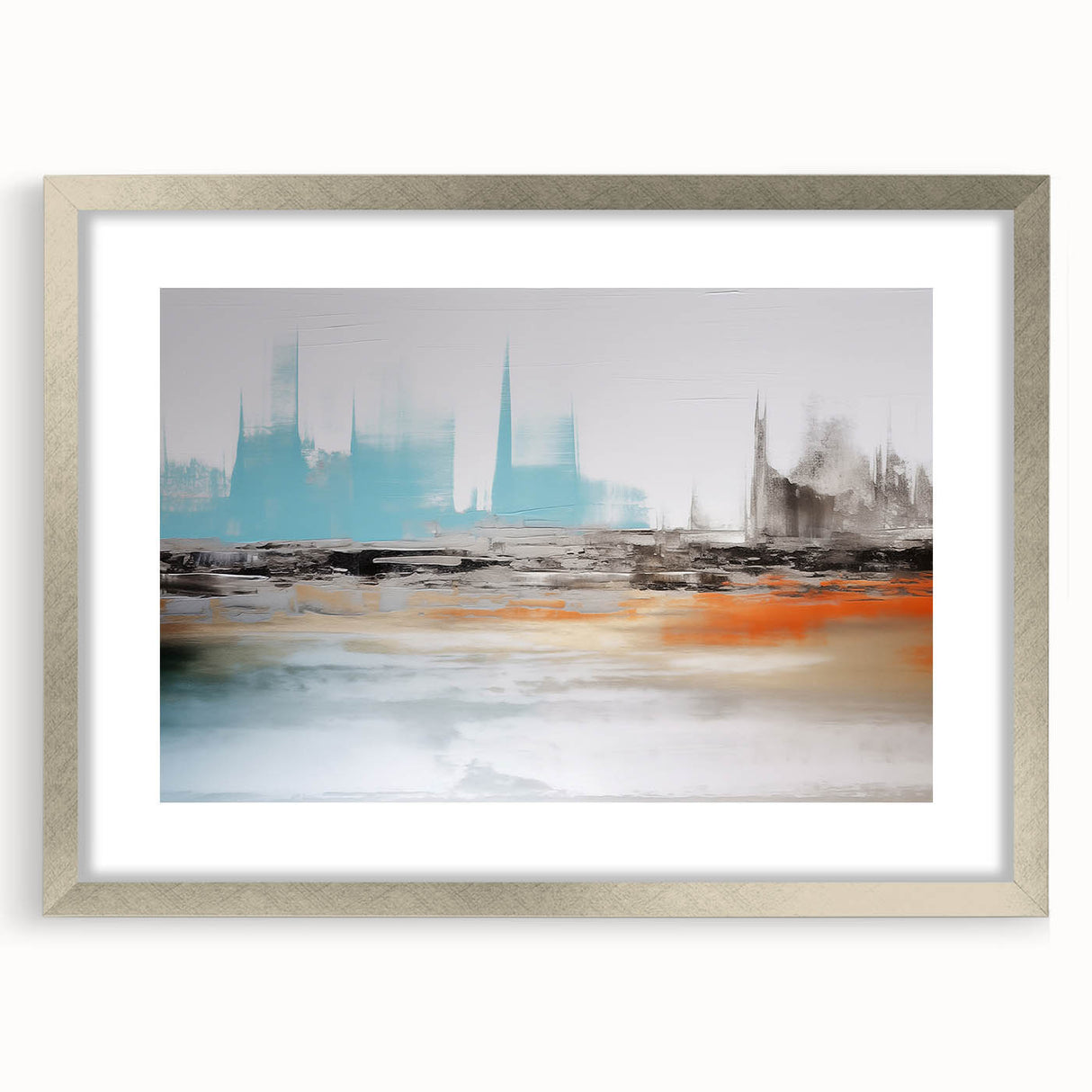 Abstract wall art design featuring vibrant strokes and lines in a silver frame with a mat, perfect for modern home decor. Ideal for enhancing living spaces.