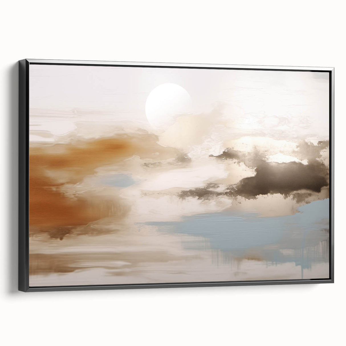 Framed canvas wall art showcasing an abstract design with dynamic strokes and lines in black and white, perfect for modern decor. Side view highlights its sleek frame and artistic depth.
