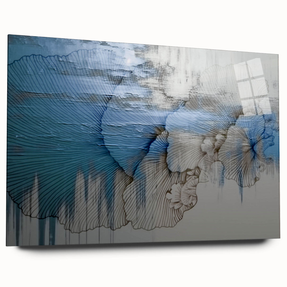 Abstract wall art design showcasing vibrant strokes and lines in a modern acrylic glass frame, highlighting a colorful, contemporary aesthetic for home decor.
