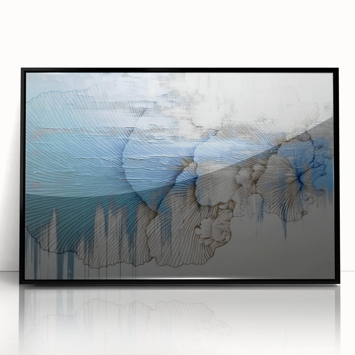 Framed acrylic wall art featuring an abstract design of colorful strokes and lines in a modern style, set against a sleek black frame, ideal for contemporary home decor.