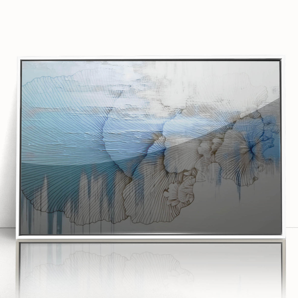 Framed wall art featuring an abstract design of colorful strokes and lines, set against a white background, ideal for modern home decor.