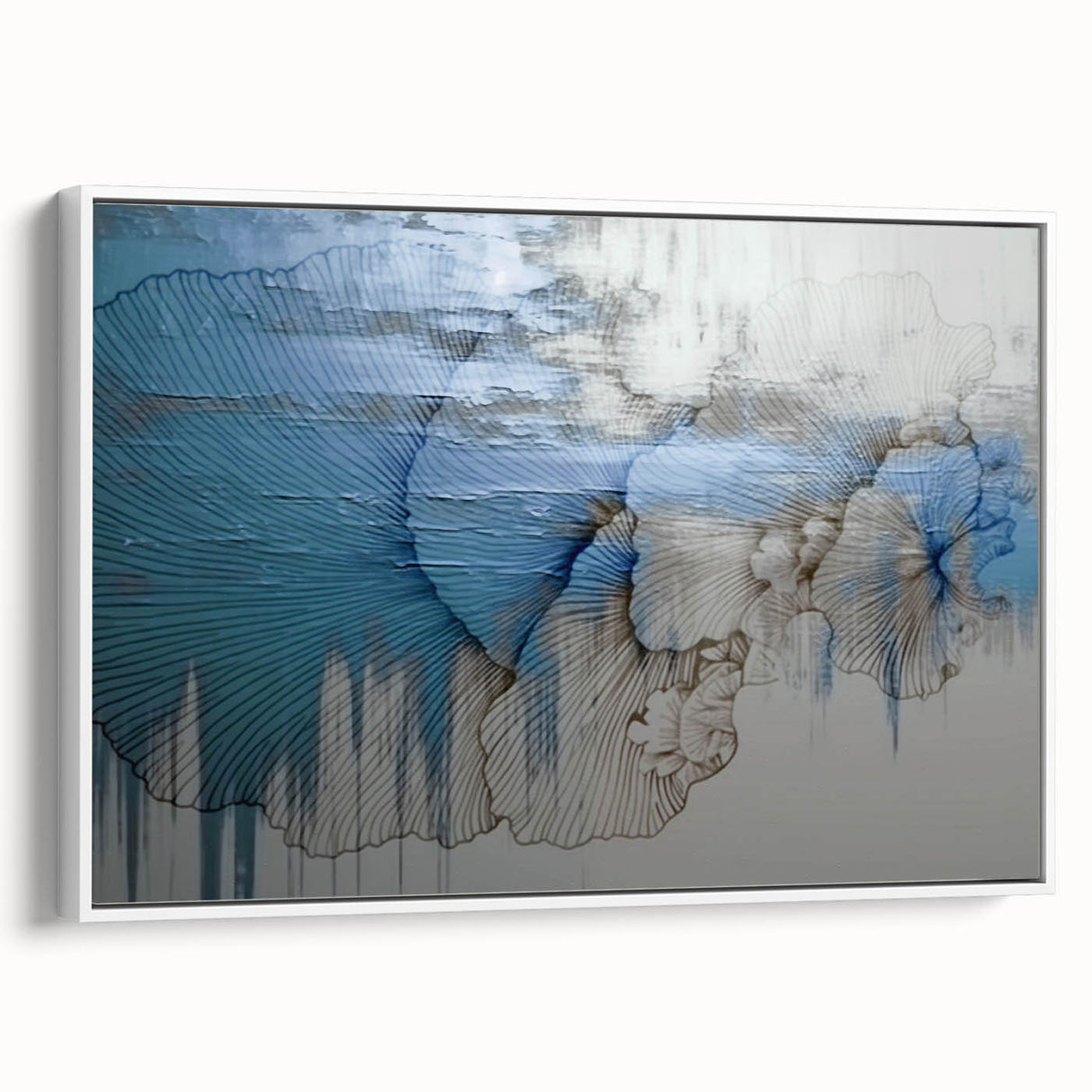 Framed canvas artwork showcasing an abstract design of colorful strokes and lines, displayed in a sleek white frame, ideal for modern home decor.