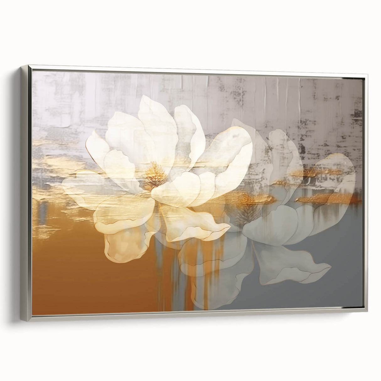 Framed canvas wall art showcasing an abstract design with dynamic strokes and lines in silver tones, perfect for modern home decor. The artwork adds a sophisticated touch to any living space.