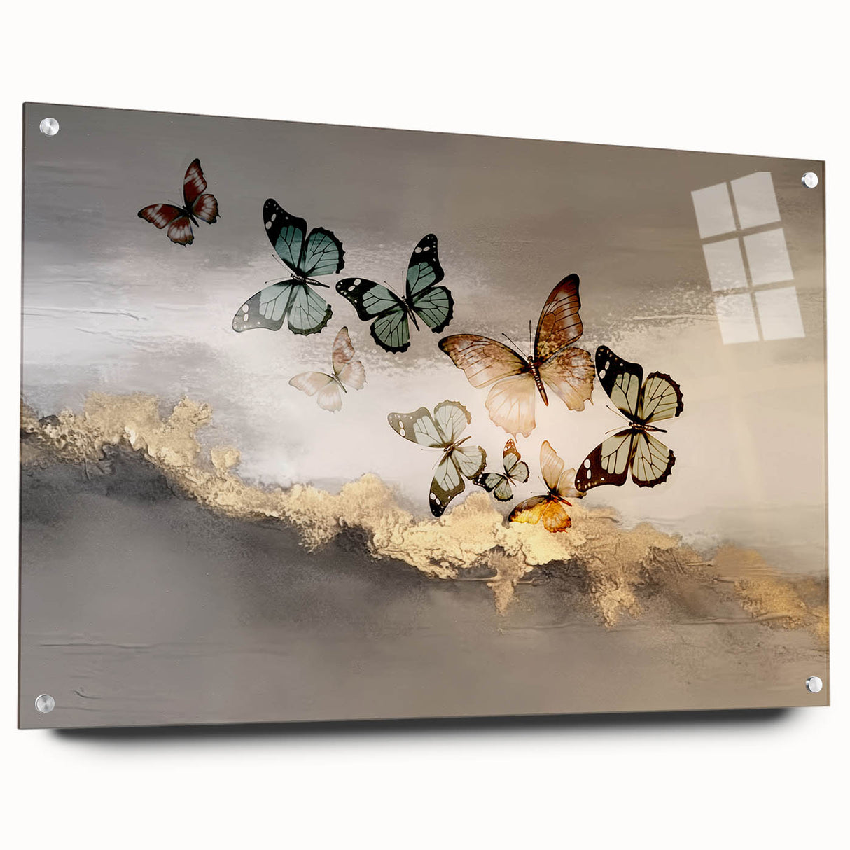 Abstract wall art featuring vibrant strokes and lines in a modern design, displayed in an acrylic glass frame with pins for easy mounting, ideal for contemporary decor.