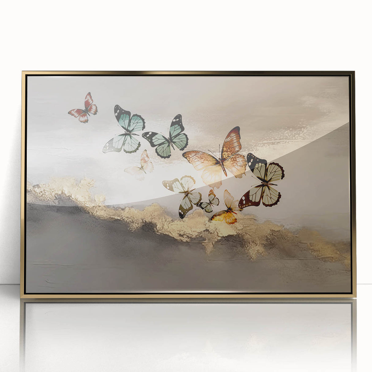 Framed wall art featuring an abstract design of strokes and lines in gold and muted tones, perfect for modern home decor, enhancing aesthetic appeal.