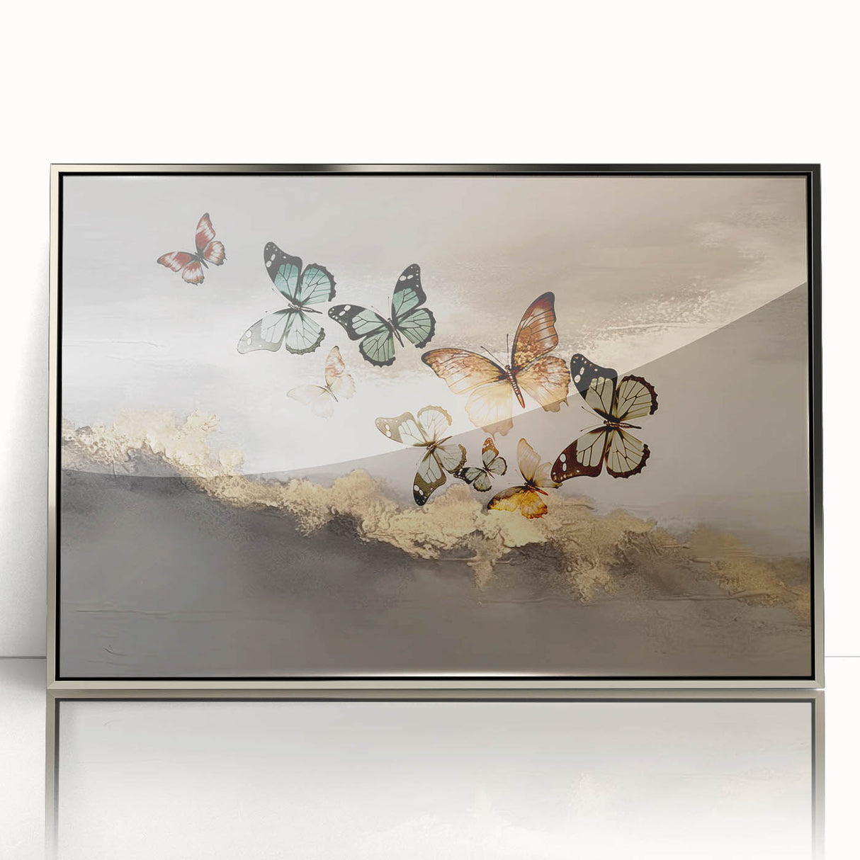 Framed wall art featuring an abstract design of colorful strokes and lines in a silver frame. Ideal for modern decor, adding a vibrant touch to any room.