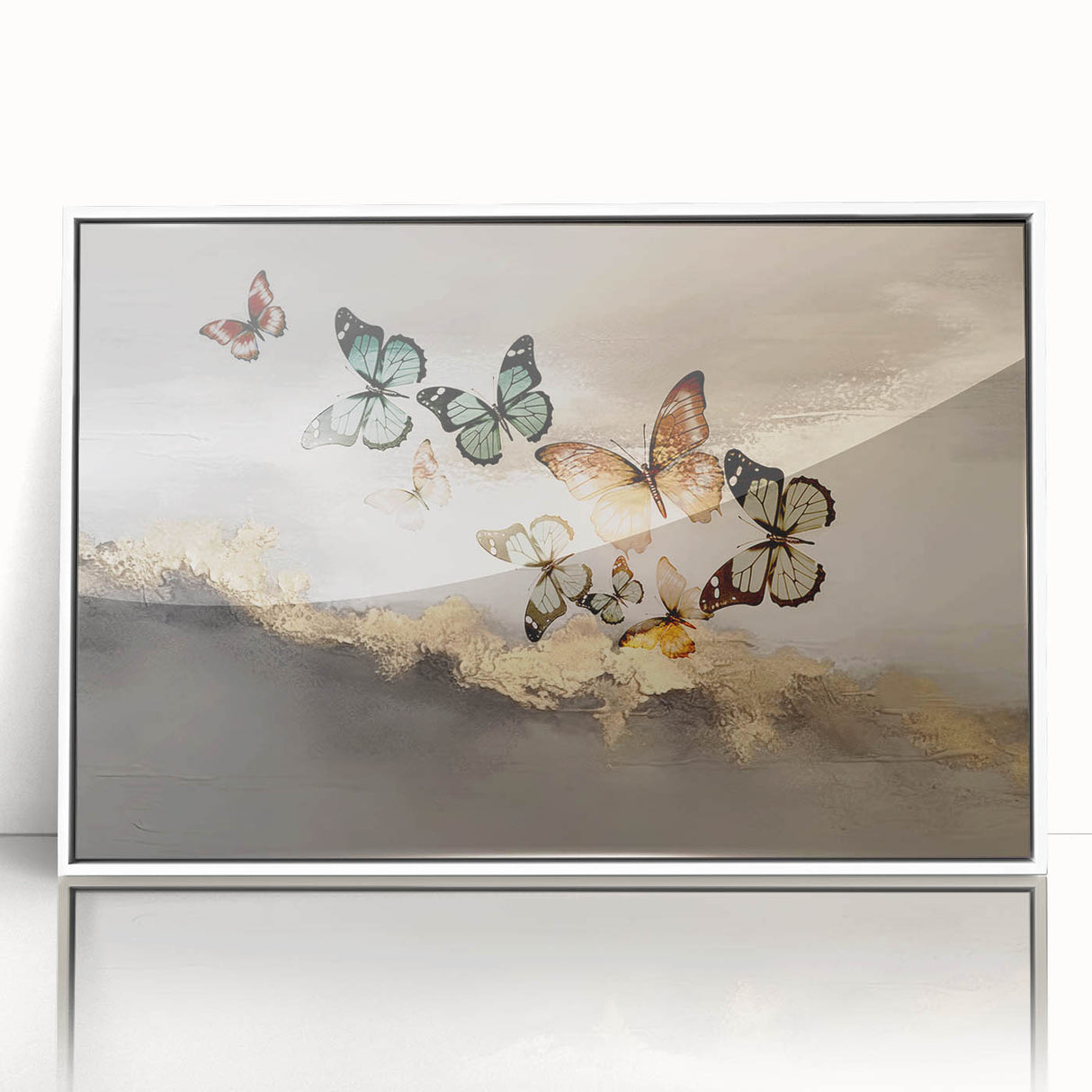 Framed abstract wall art featuring vibrant strokes and lines in shades of blue, orange, and white, perfect for modern home decor. This piece adds a contemporary touch to any living space.