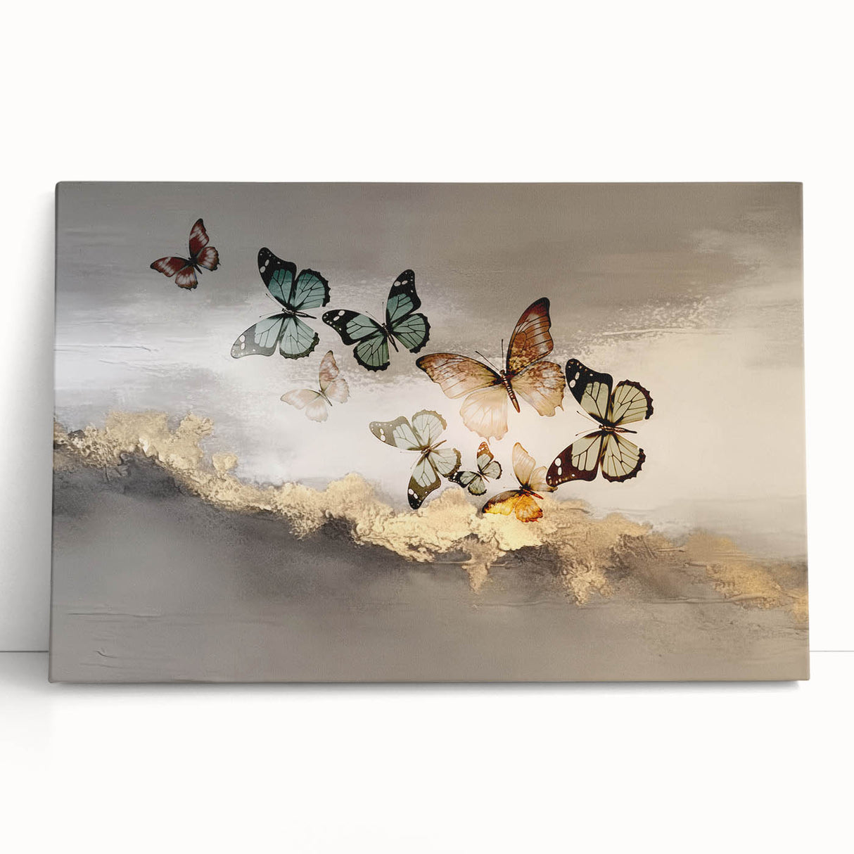 Abstract wall art featuring colorful strokes and lines on stretched canvas, showcasing a modern design ideal for contemporary home decor. The piece leans against a neutral backdrop, adding vibrancy and artistic flair to any space.