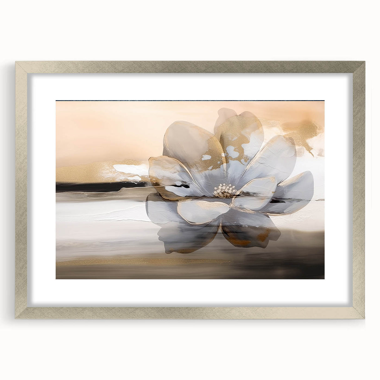 Abstract strokes and lines design wall art in a silver frame with matting, showcasing a modern aesthetic. Ideal for contemporary home decor to enhance any space.