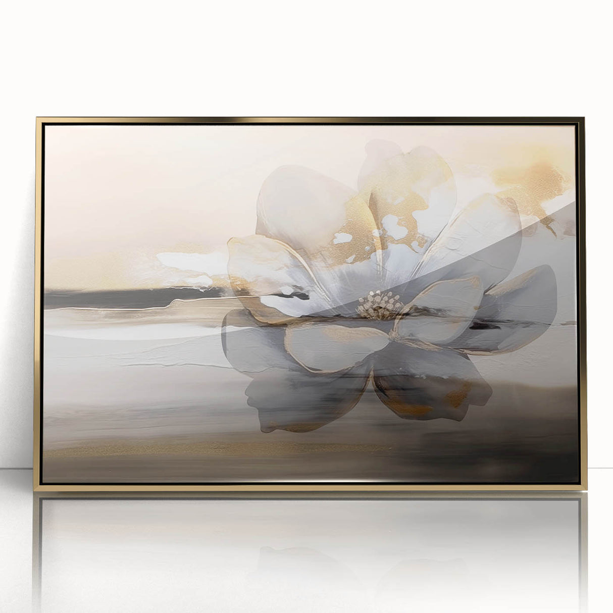 Framed abstract art featuring gold and black strokes on a white background, ideal for modern home decor, adding elegance and style to any room.