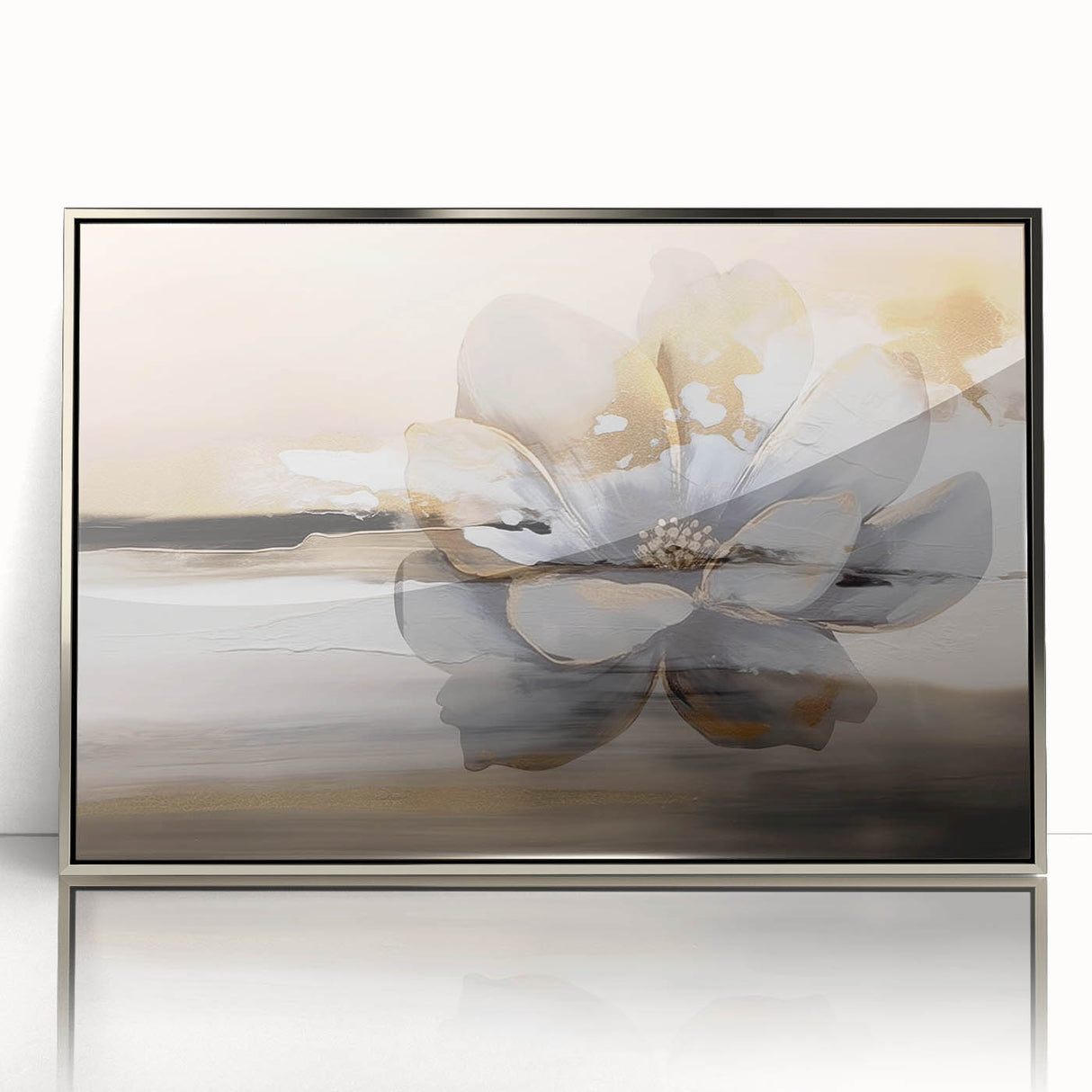 Framed wall art featuring an abstract design of strokes and lines in silver and white, showcasing modern elegance suitable for contemporary home decor.